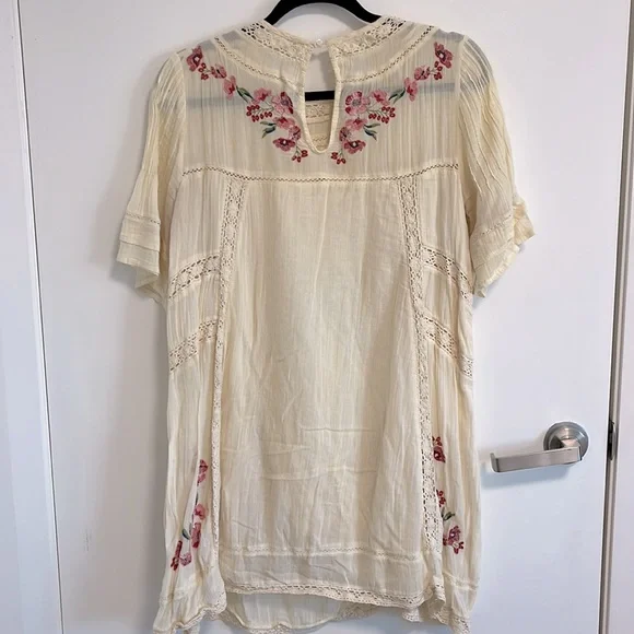 Free People Cream and Pink Floral Embroidered lined mini dress - Picture 4 of 4